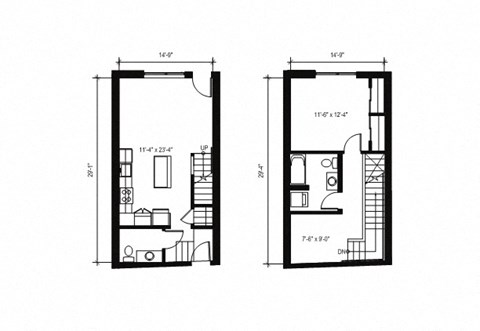 Floor plan for 1 bed, 1.5 baths, 911 sqft